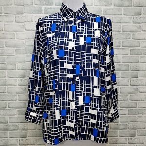 Vintage 90s Liz Baker Womens M Black Blue Abstract Geo Button Front‎ Blouse L/S